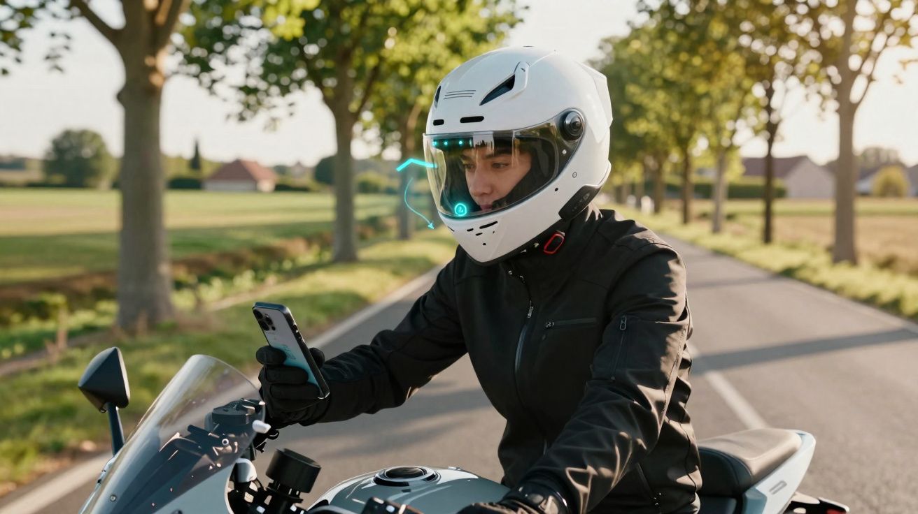 Motociclista com capacete branco usa telemóvel numa estrada rodeada de árvores ao final da tarde.