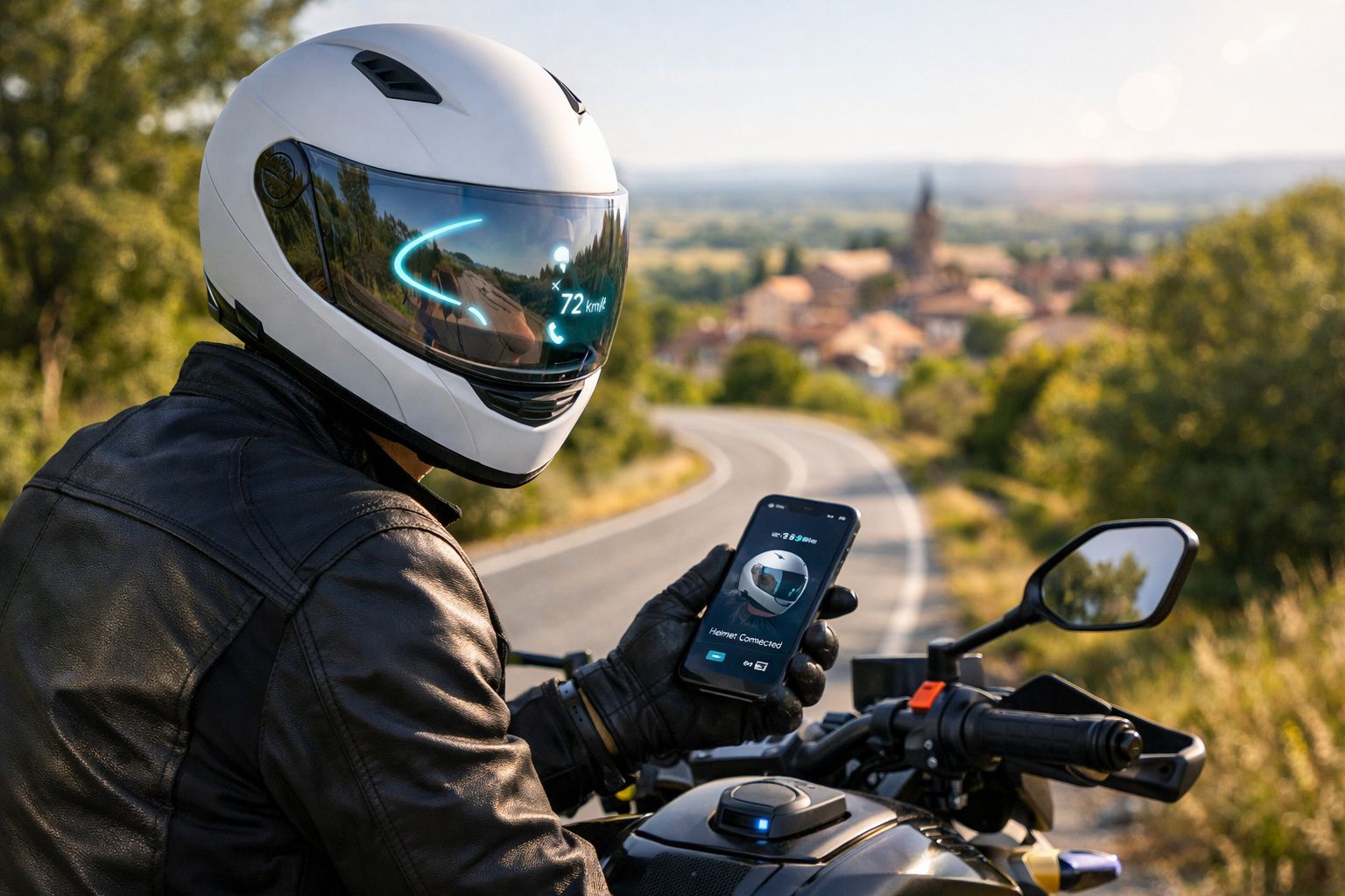 Motociclista com capacete branco consulta smartphone durante viagem numa estrada curva rodeada de natureza.