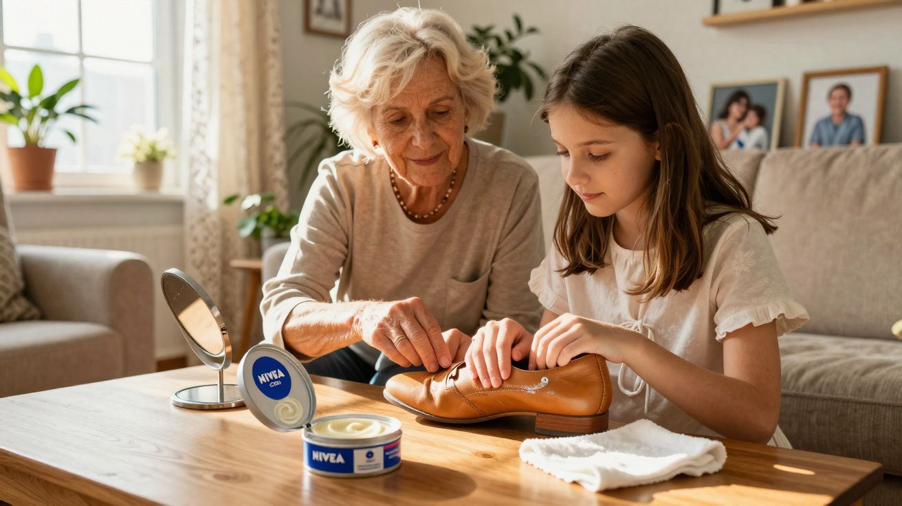 Senhora idosa ensina menina a aplicar creme de sapataria em sapato castanho numa mesa de madeira.