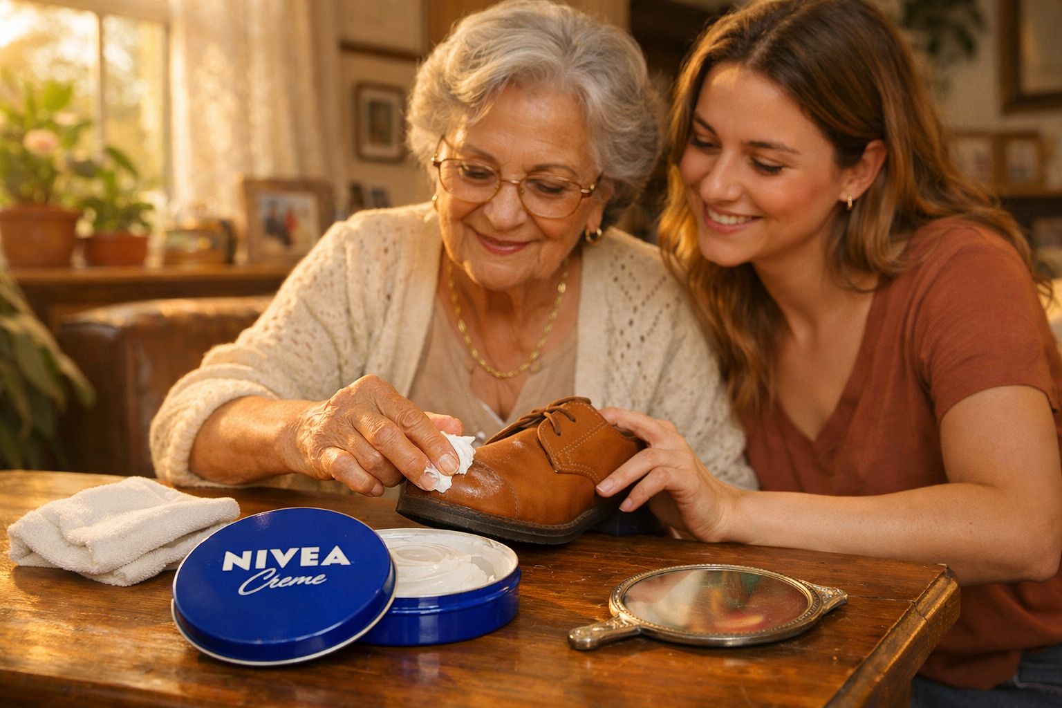 Avó e neta a limpar e tratar sapato de pele castanha com creme Nivea num ambiente acolhedor.