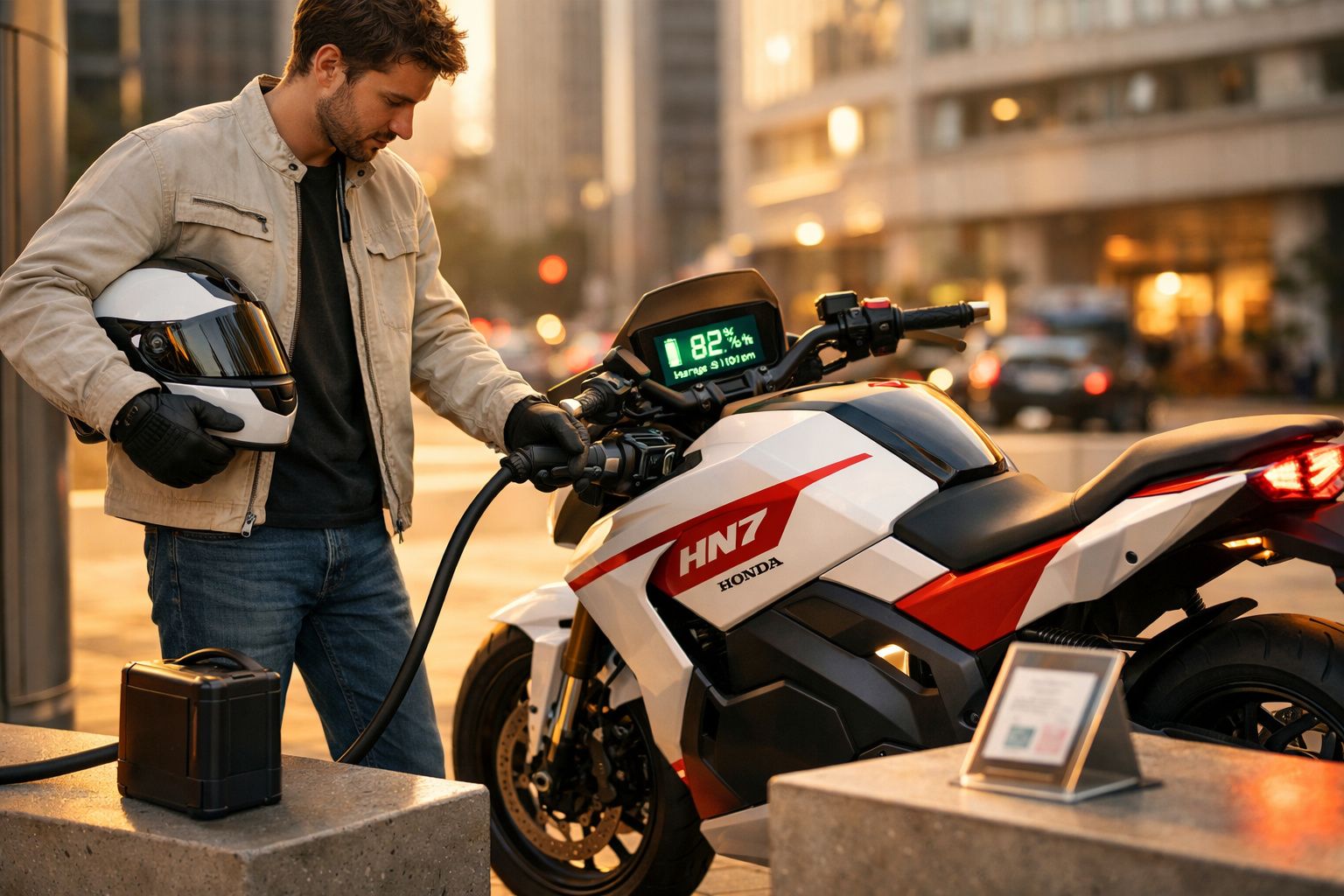 Homem a carregar motocicleta elétrica Honda HN7 numa estação de carregamento urbana ao pôr do sol.