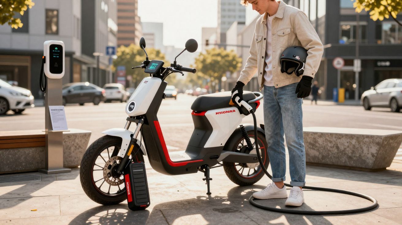 Homem a carregar mota elétrica num posto de carregamento urbano numa rua movimentada da cidade.