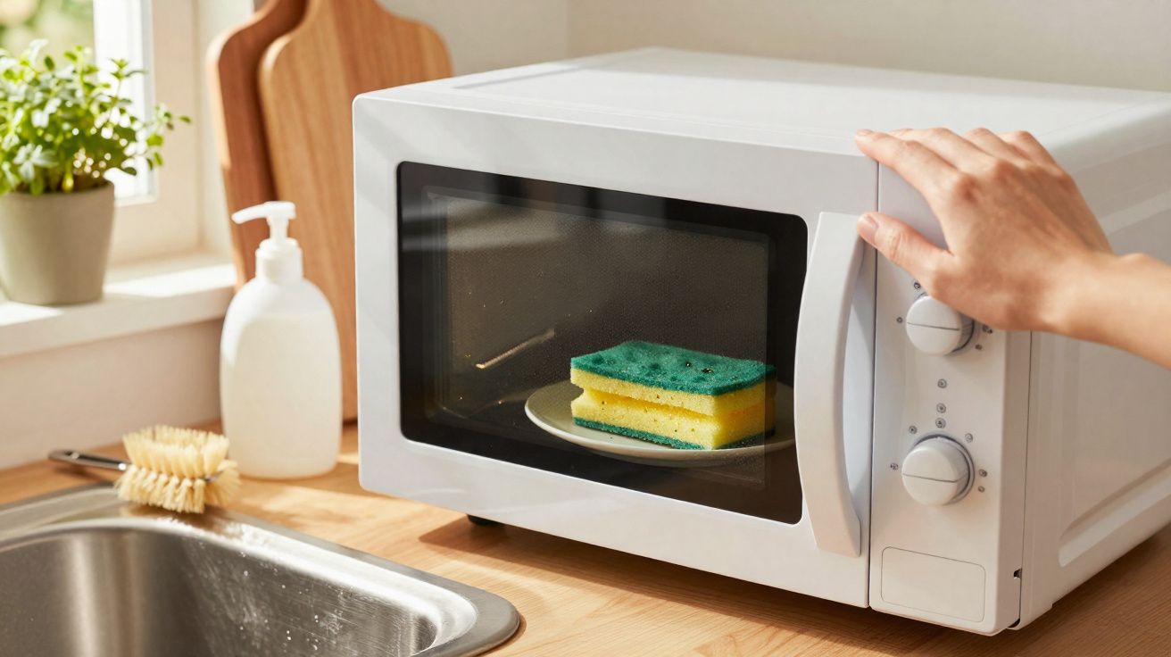 Pessoa a colocar uma esponja dentro do micro-ondas numa cozinha com pia e planta.