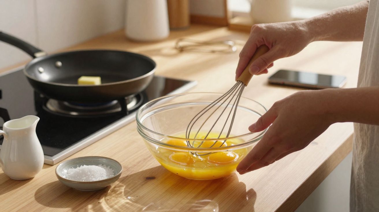 Pessoa a bater ovos com vara de arames numa taça de vidro numa cozinha luminosa e moderna.