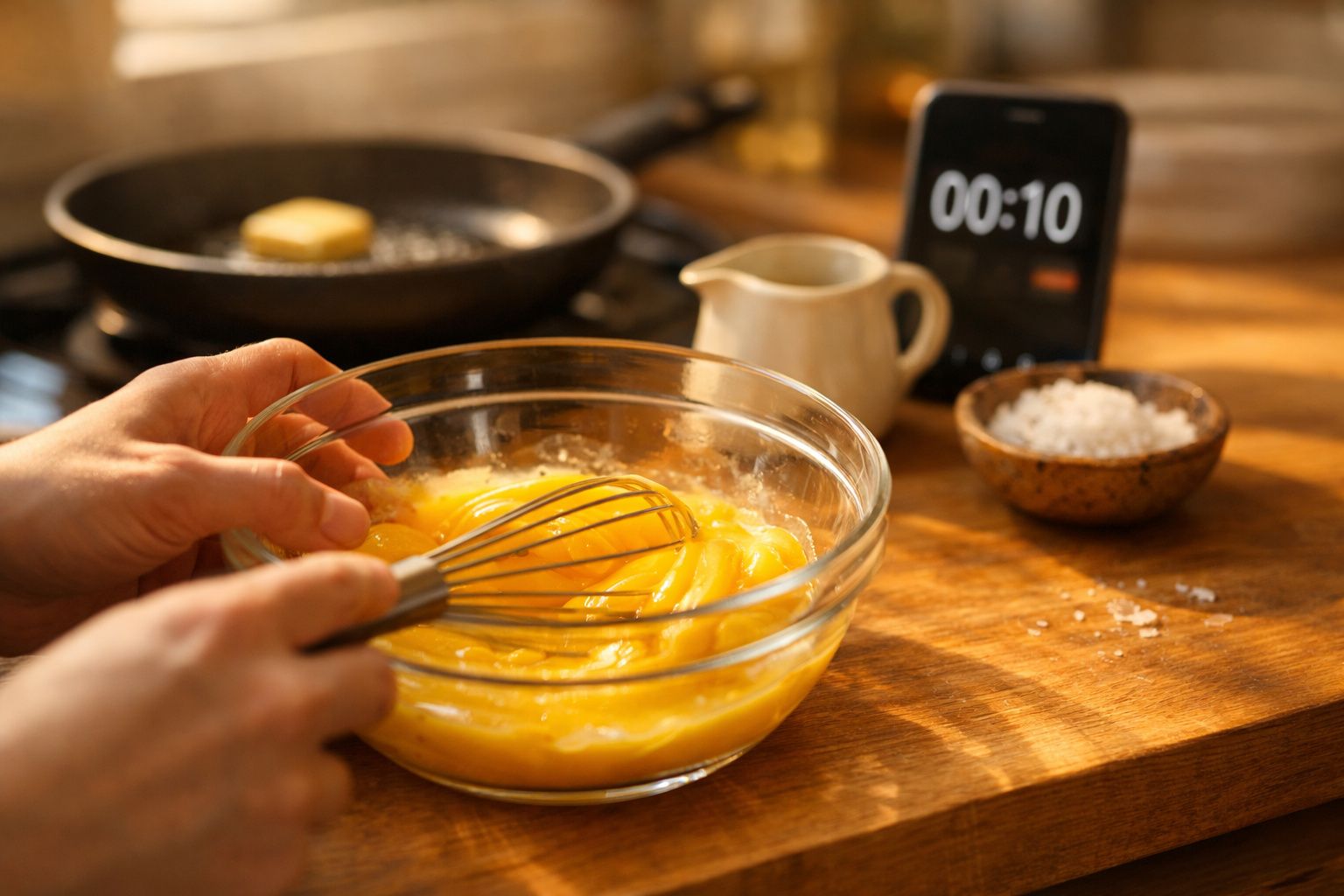 Mãos a bater ovos numa taça de vidro, frigideira com manteiga ao fundo e temporizador a contar 10 segundos.