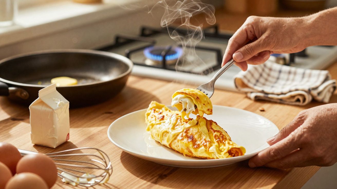 Omelete quente num prato branco com queijo a derreter, com fogão e utensílios de cozinha ao fundo.