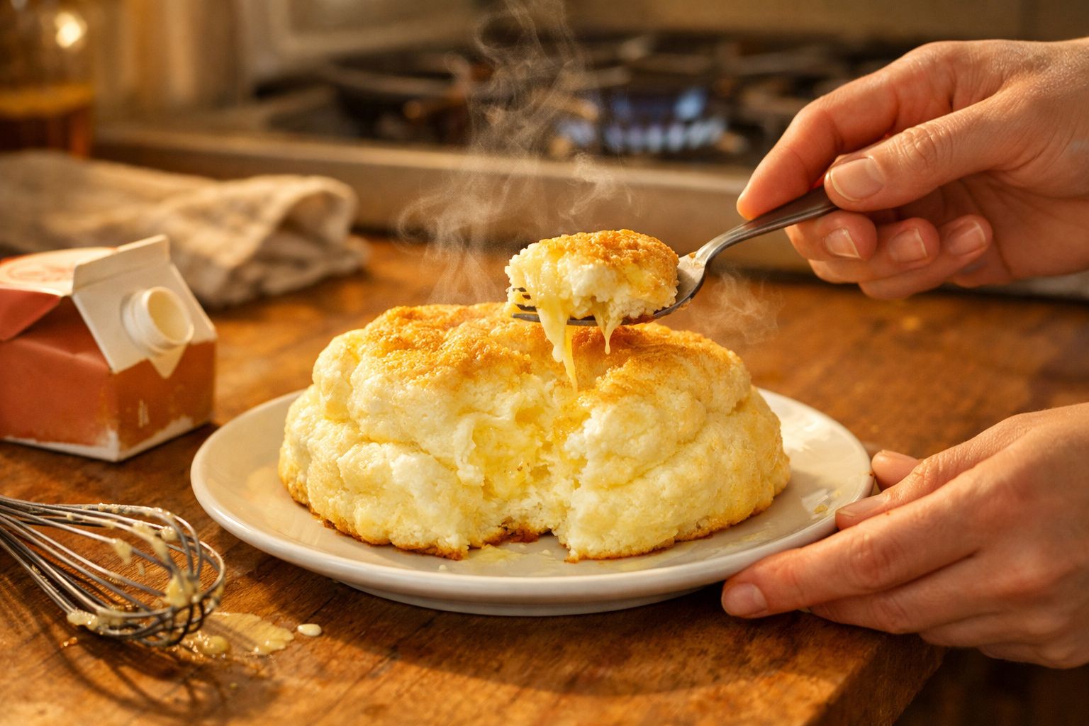 Pão nuvem quente e fofo com queijo derretido a ser retirado com um garfo numa mão.