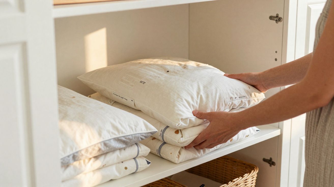 Mãos organizam almofadas brancas em prateleira de armário com cestos de vime abaixo.