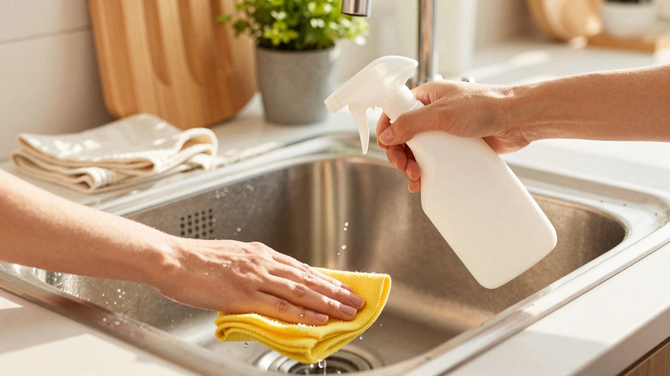Duas mãos limpam uma pia de inox na cozinha com um pano amarelo e um atomizador branco.