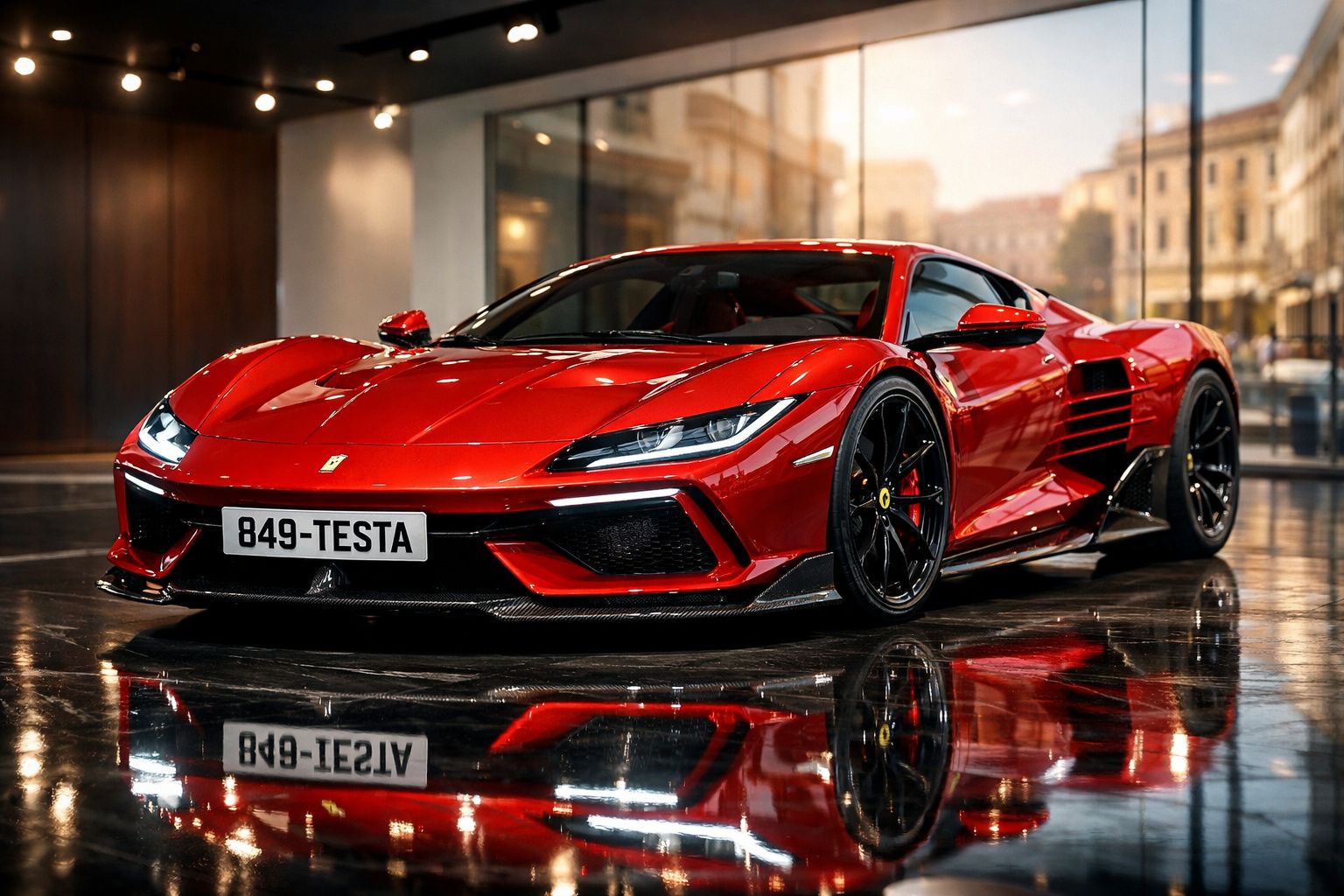 Carro desportivo vermelho Ferrari estacionado com brilho e reflexo no chão interior moderno.