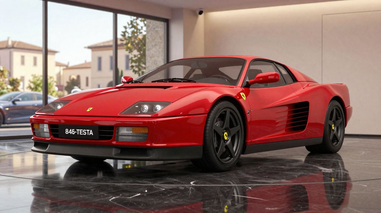 Ferrari 846-TESTA vermelha estacionada em chão de mármore numa garagem com janelas amplas.