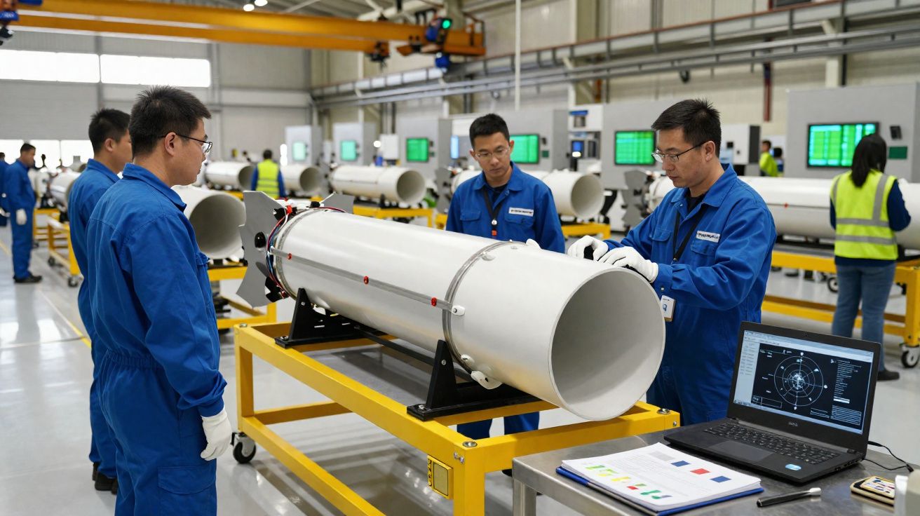 Técnicos em uniformes azuis trabalham na montagem de componentes em tubo branco numa fábrica moderna.