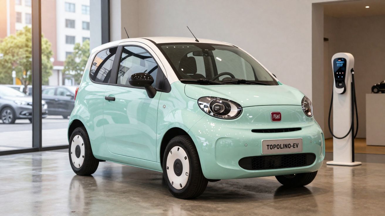 Carro elétrico compacto Fiat Topolino EV verde claro exposto em showroom com carregador elétrico ao lado.