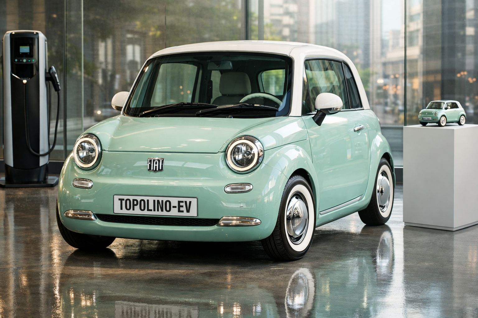 Carro elétrico Fiat Topolino EV verde claro com tejadilho branco exposto em sala moderna com posto de carregamento.