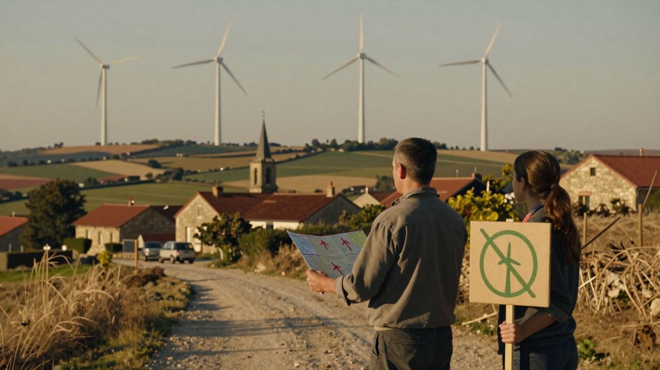 Duas pessoas junto a estrada rural com casas e turbinas eólicas no fundo, uma segura sinal contra turbinas.