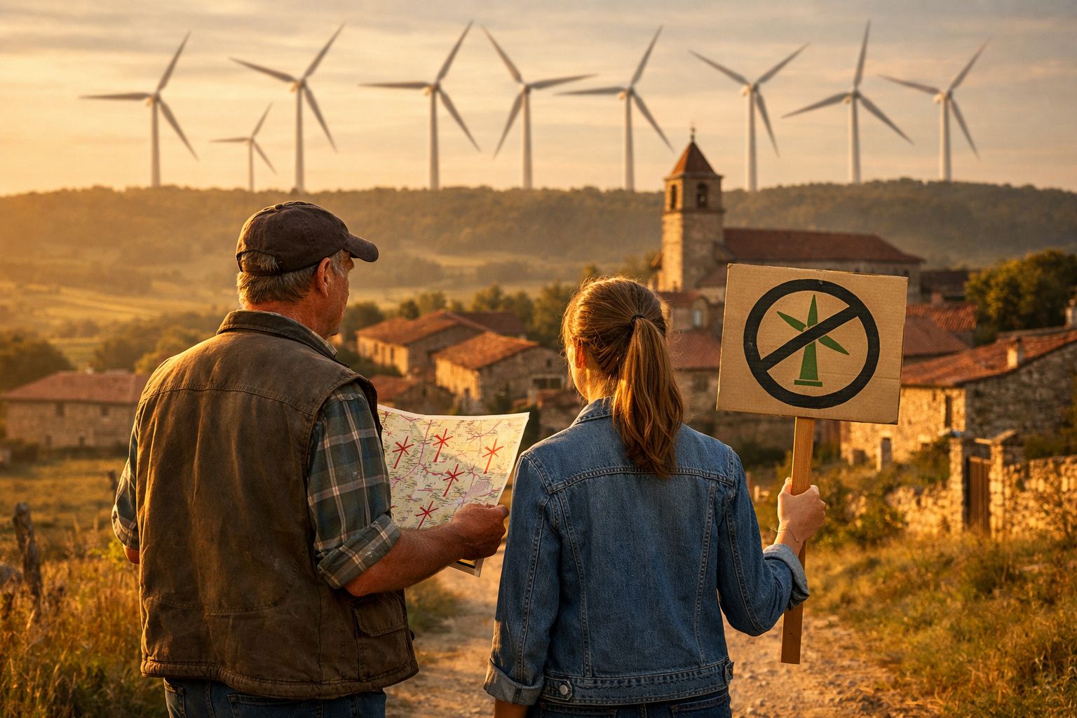 Homem e mulher com sinal contra turbinas eólicas, aldeia e várias turbinas ao fundo ao pôr do sol.