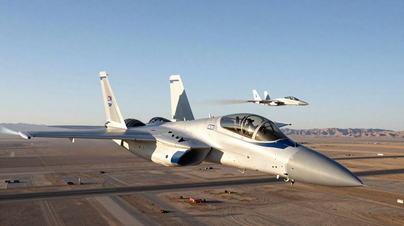 Dois aviões de caça militares brancos a voar sobre uma paisagem desértica com céu limpo.