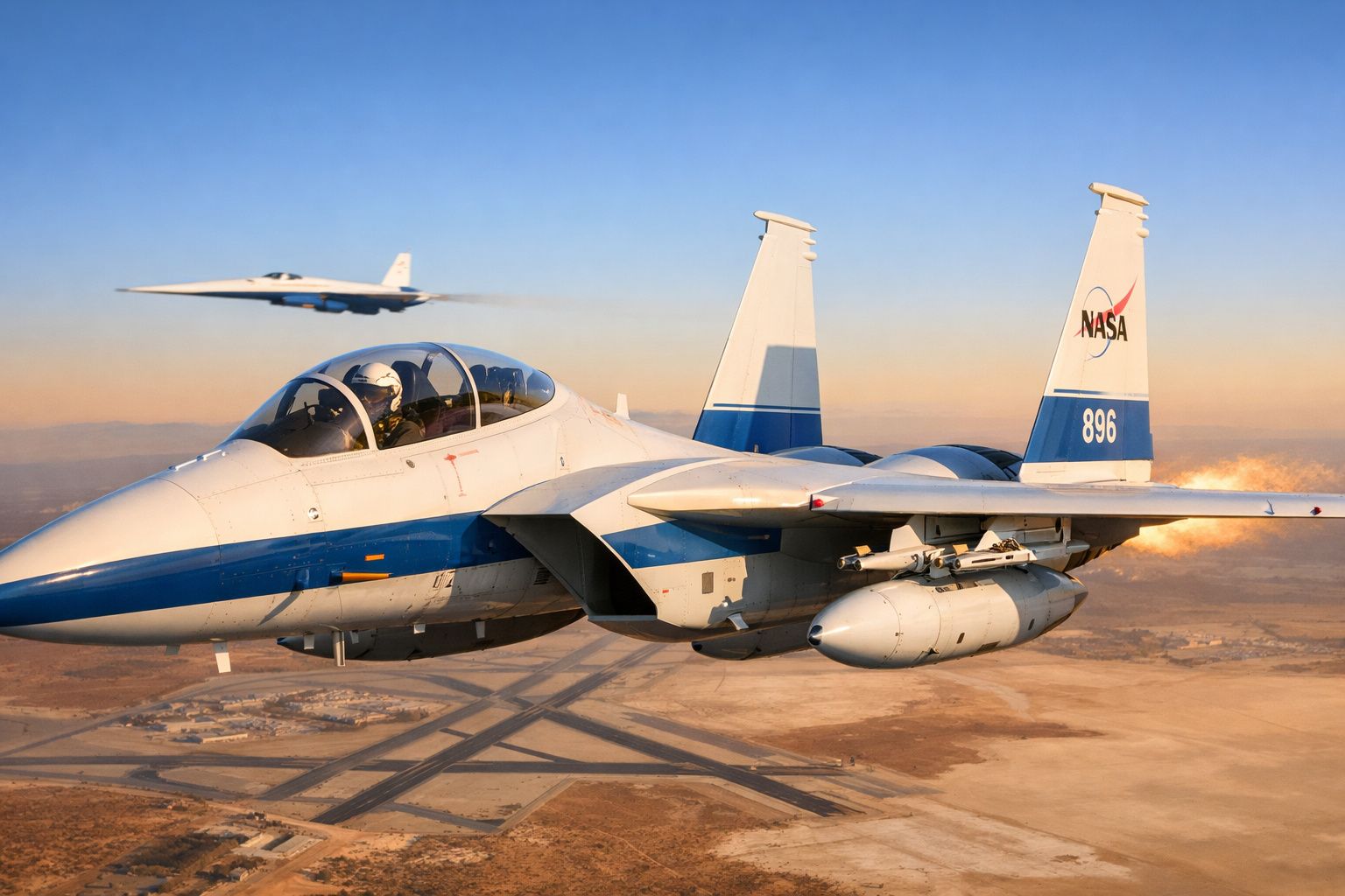 Dois aviões de caça da NASA a voar sobre terras áridas ao pôr do sol.