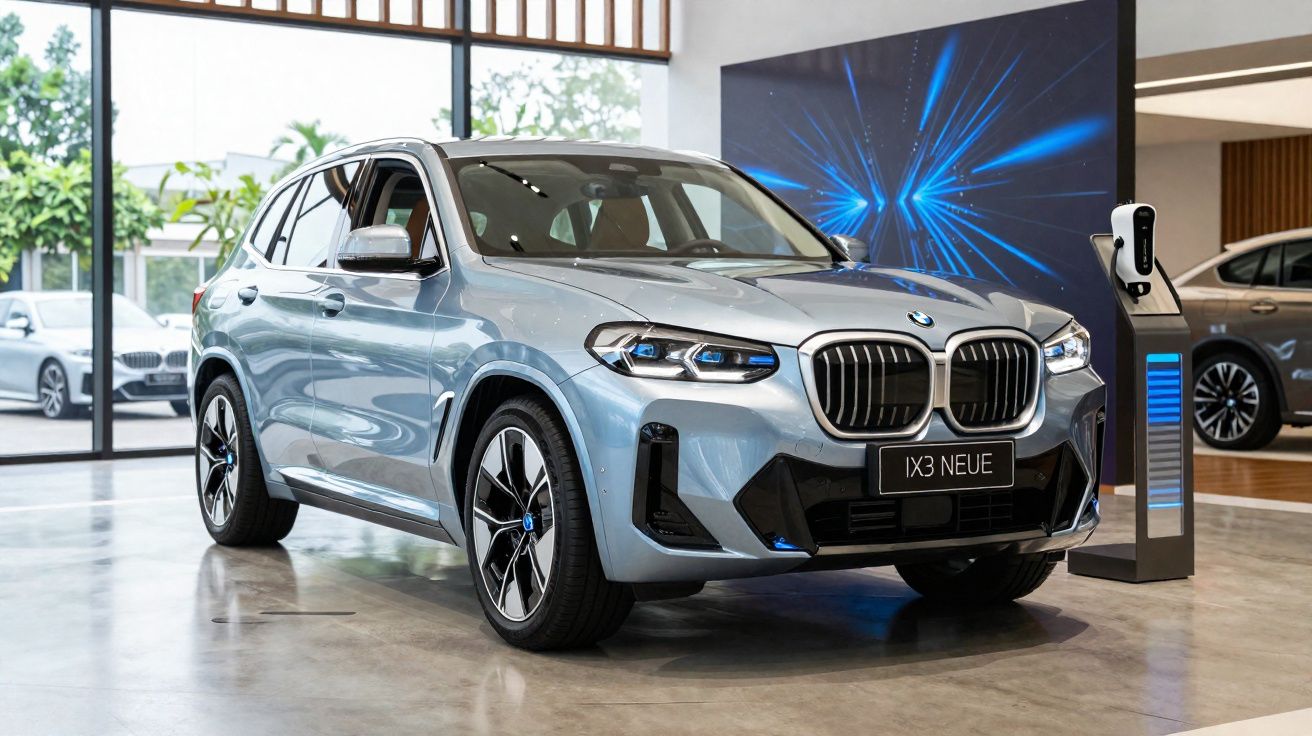 SUV BMW iX3 novo cinza claro em exposição numa concessionária moderna, com carregador elétrico ao lado.