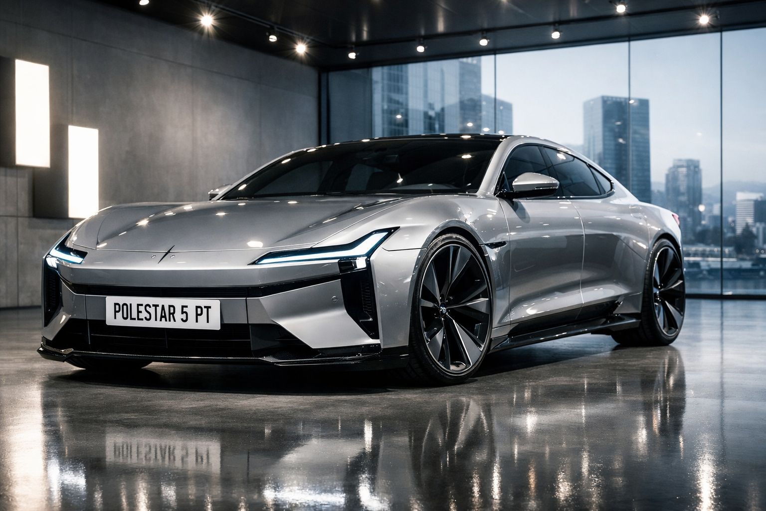 Carro elétrico Polestar 5 prata estacionado em piso refletor com fundo de janelas urbanas de arranha-céus.
