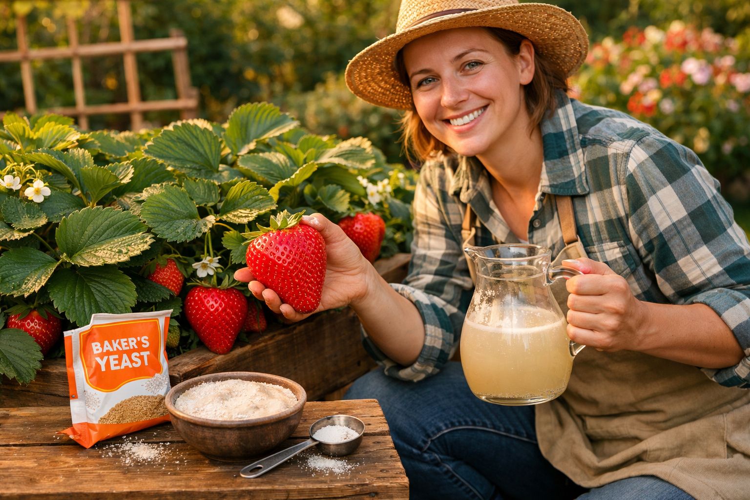 Mulher com chapéu segura morango gigante e jarro de líquido, ao lado de fermento e farinha, em plantação.