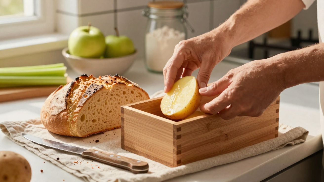 Mãos a guardar batata cortada numa caixa de madeira, com pão, maçãs verdes e talheres na bancada da cozinha.