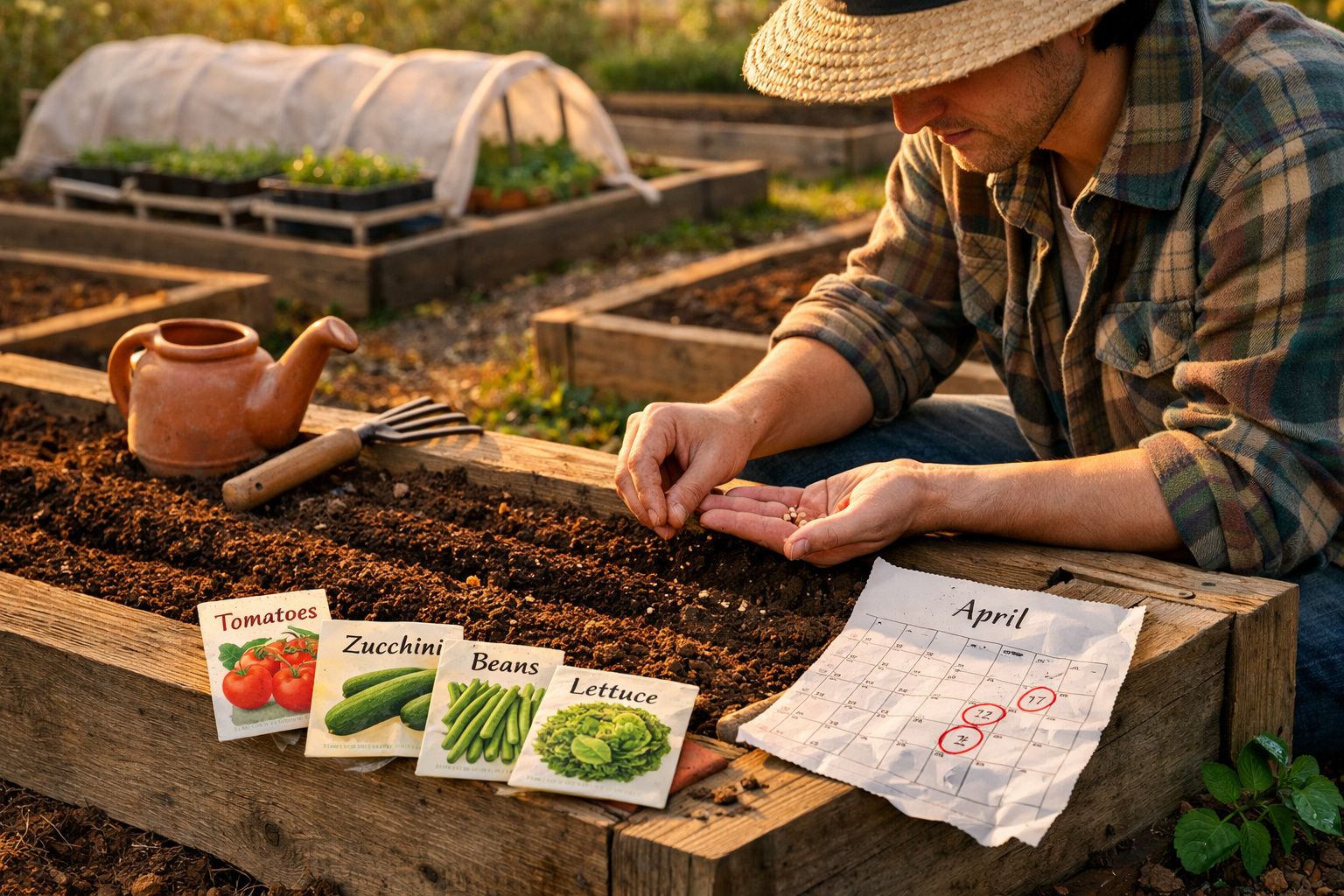 Pessoa a semear sementes na terra de uma horta com sacos de sementes e regador ao lado, calendário aberto em abril.