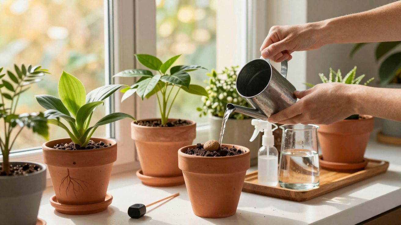 Pessoa a regar plantas em vasos de barro numa janela soalheira com várias plantas verdes.