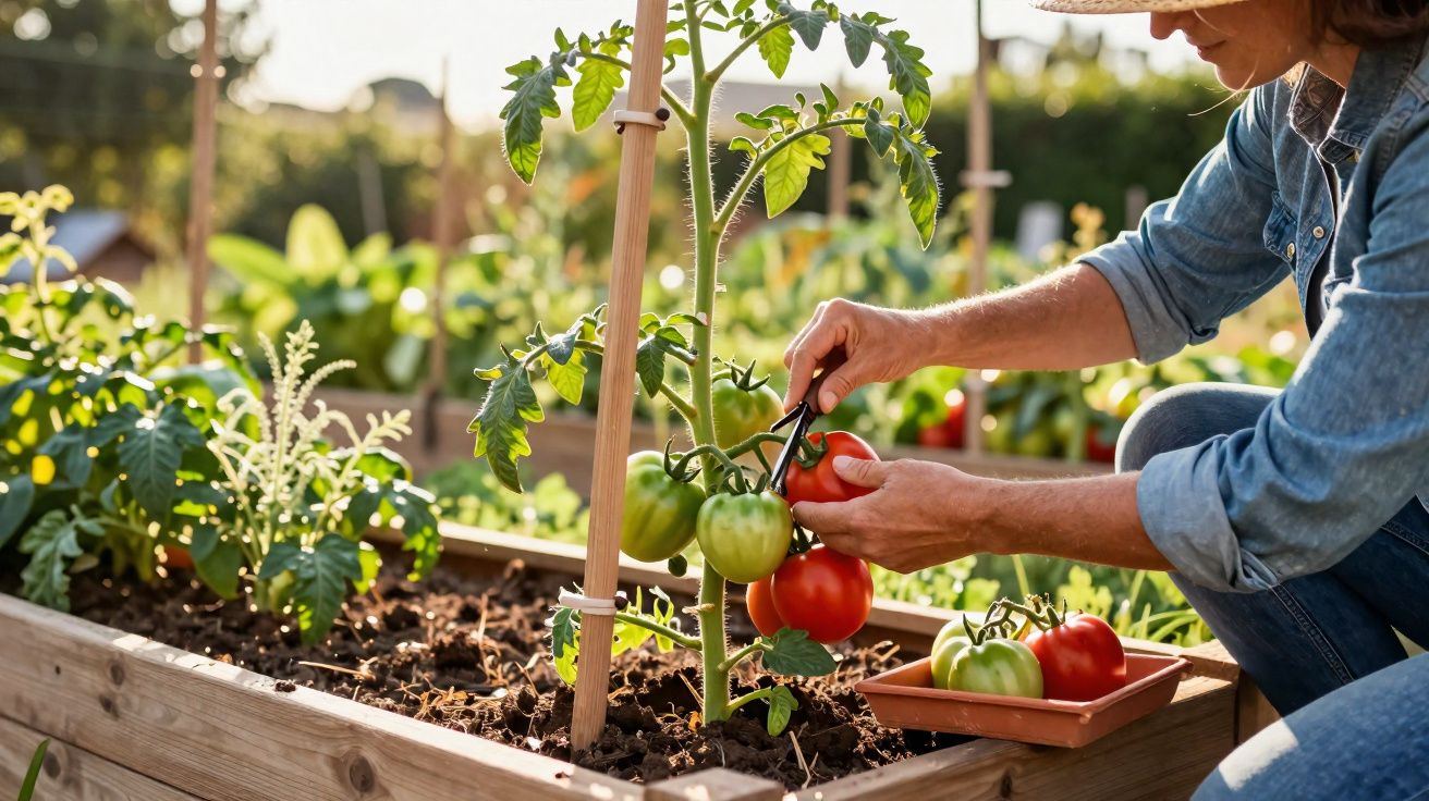 Pessoa a colher tomates maduros num canteiro de madeira num jardim ao ar livre ao pôr do sol.