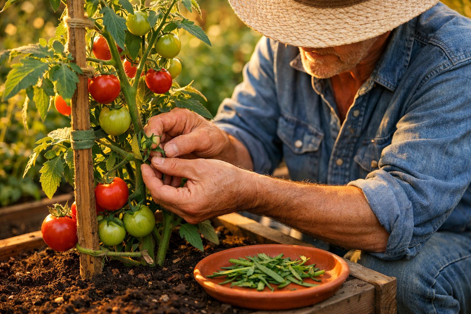Homem a cuidar de planta de tomate com frutos maduros e verdes numa horta ao ar livre.