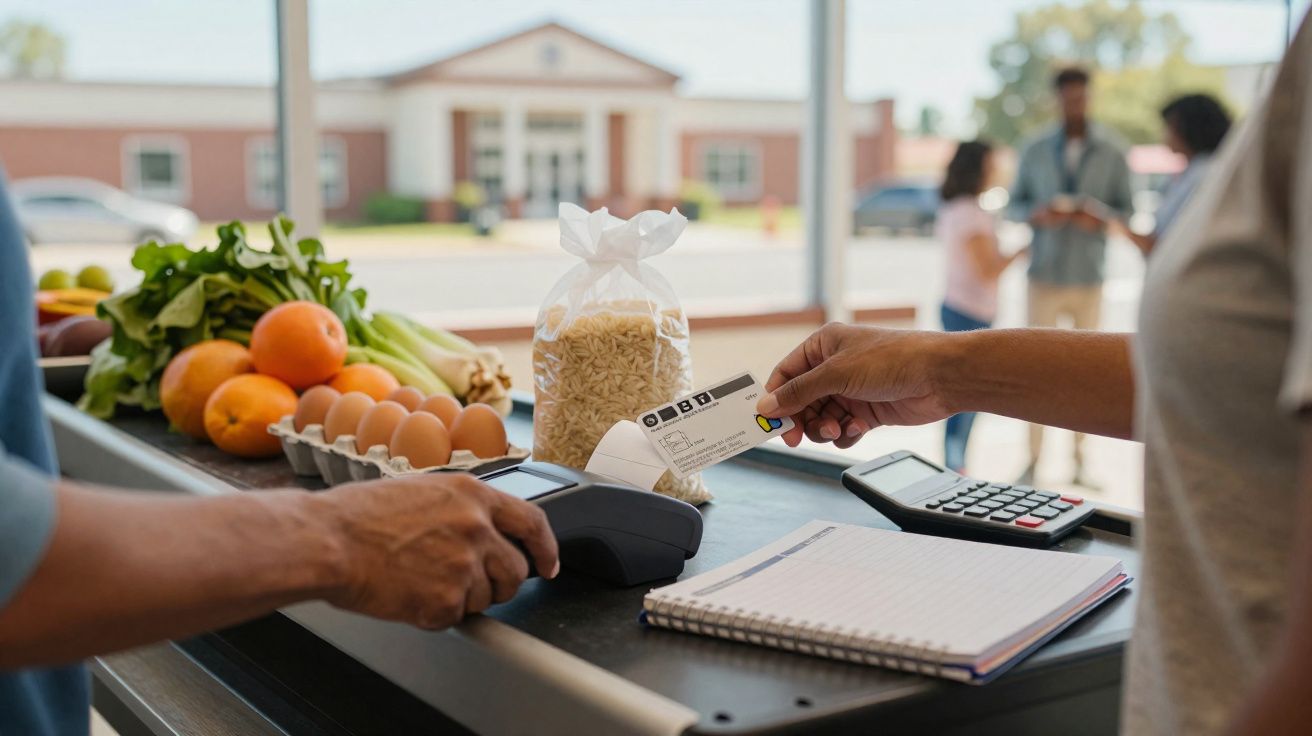Pessoa a pagar com cartão numa banca de mercado com vegetais, ovos e massa expostos.