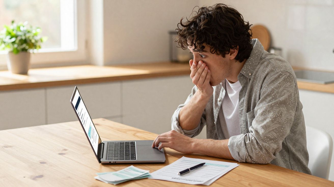 Homem surpreso a olhar para um computador portátil numa mesa com documentos e caneta.