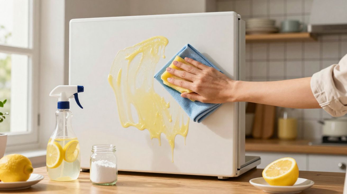 Pessoa a limpar um eletrodoméstico branco com um pano azul, perto de limões e produtos de limpeza naturais.