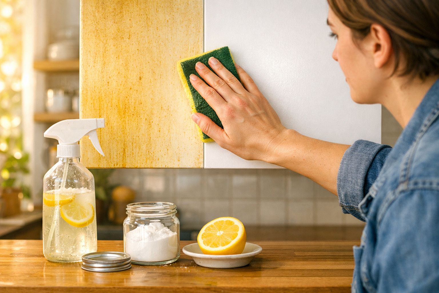 Pessoa a limpar mancha amarela de uma superfície branca na cozinha com esponja e ingredientes naturais.