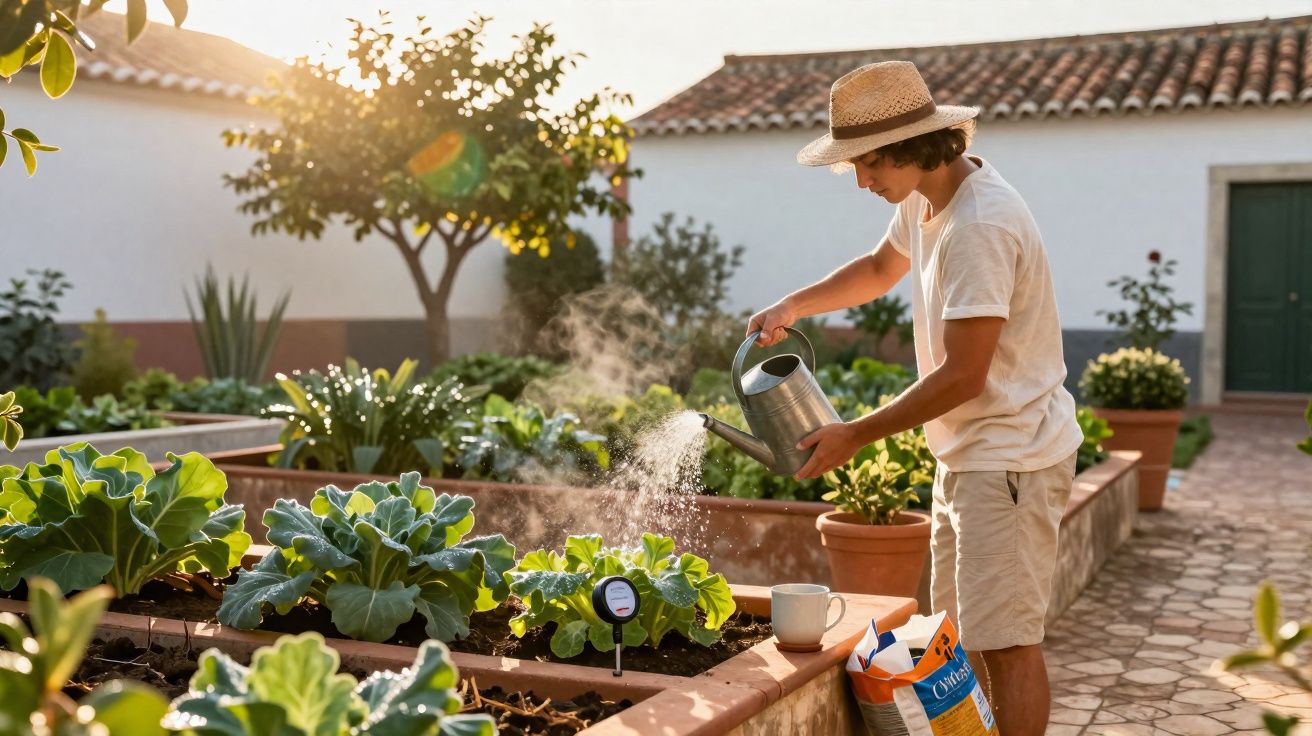 Homem jovem com chapéu a regar plantas num jardim ao final da tarde.