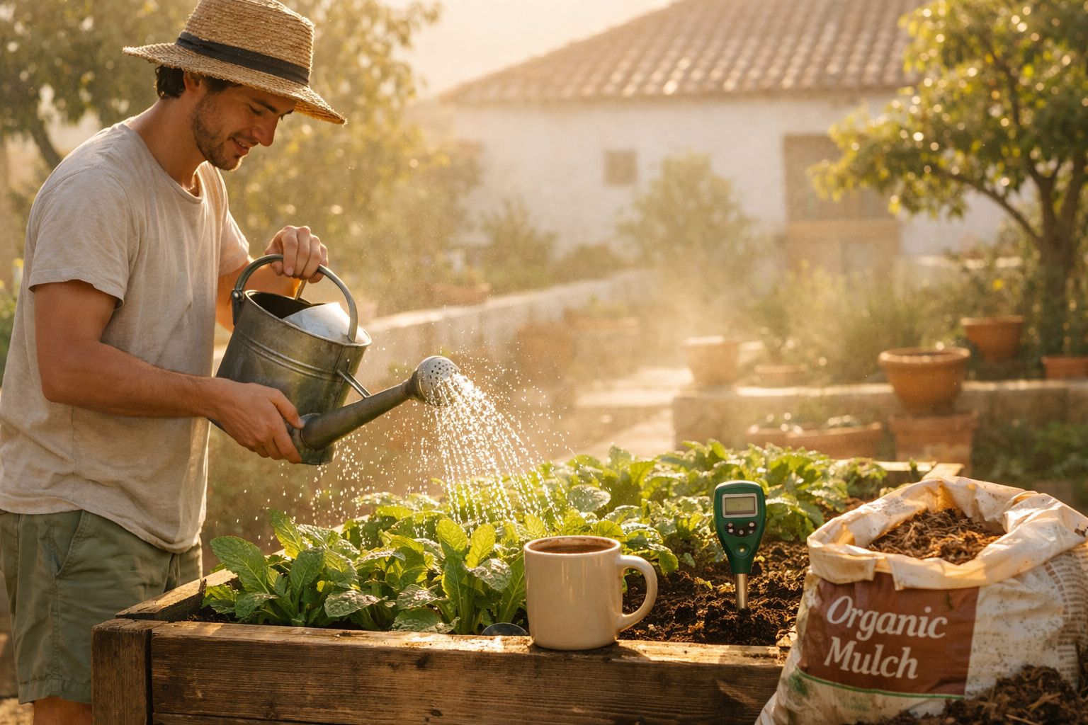 Homem com chapéu a regar plantas num jardim com rega manual e saco de cobertura orgânica.