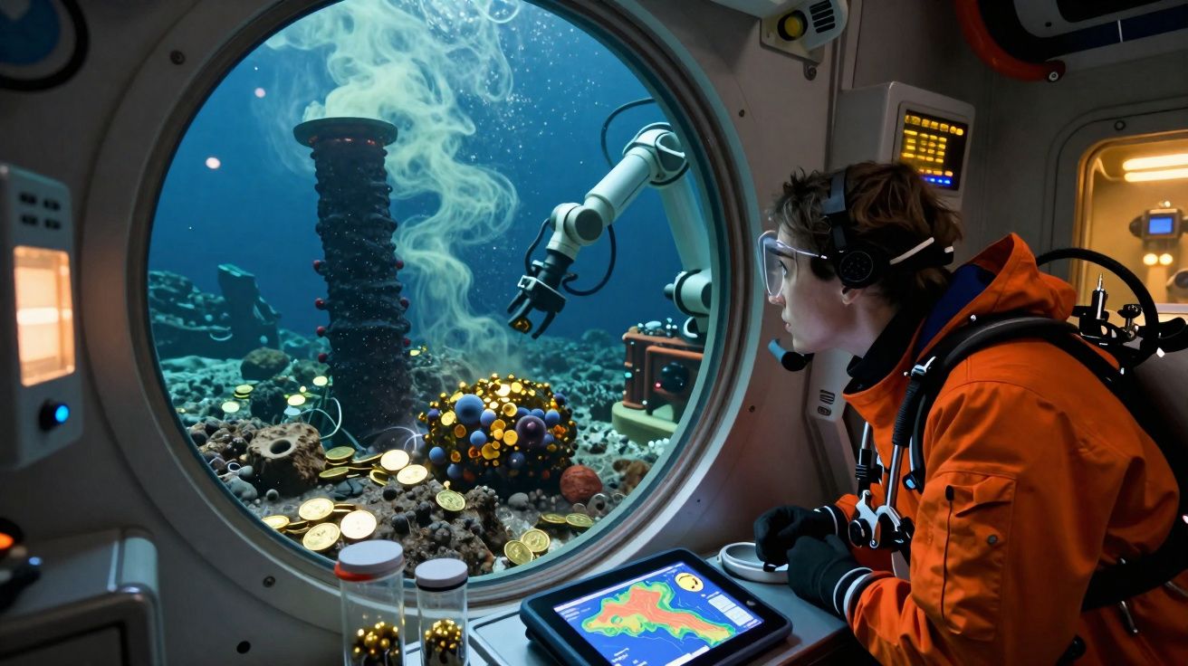 Pessoa em traje laranja observa objetos e robô manipulador através de janela subaquática de esgoto marinho.