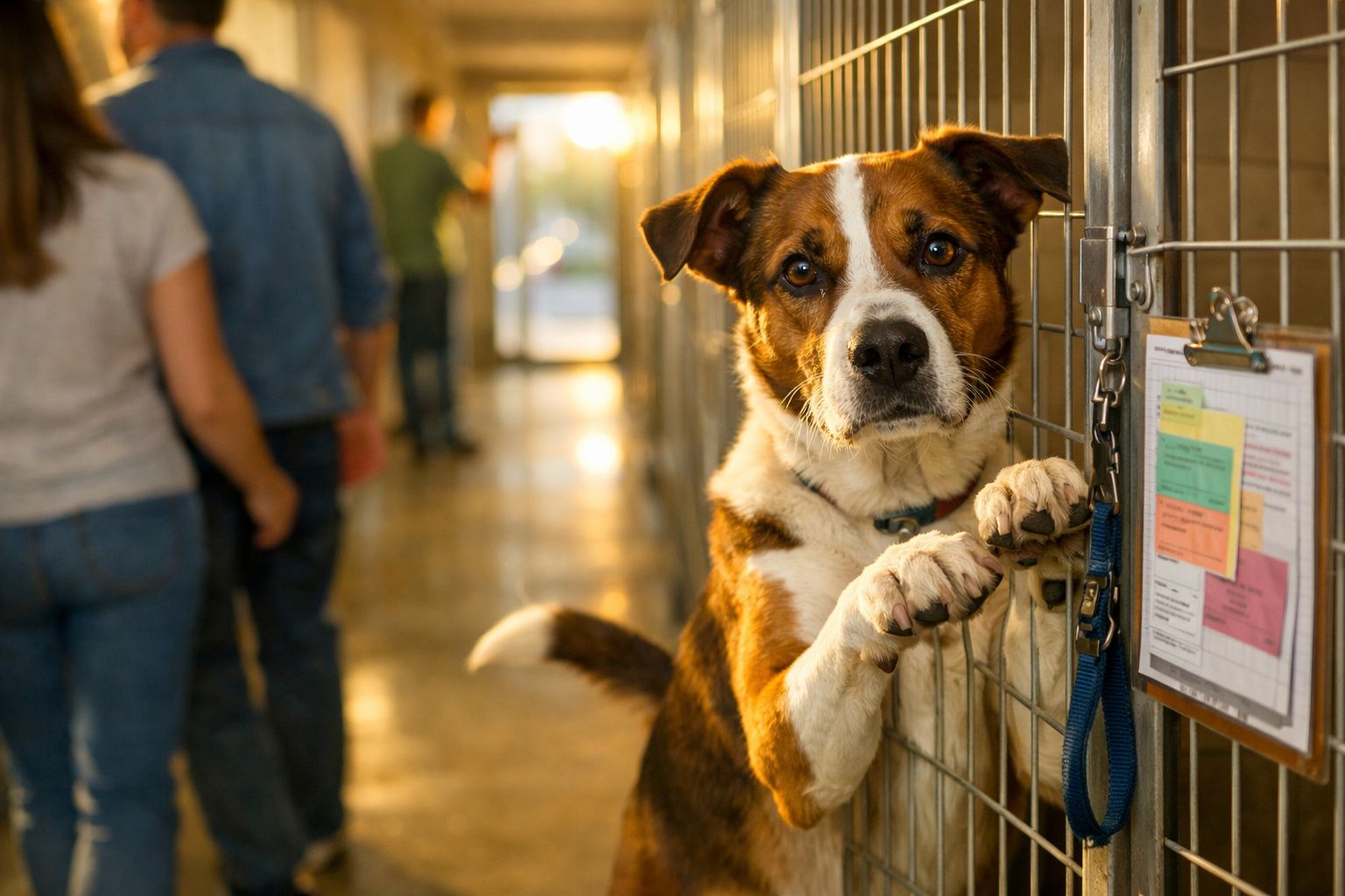 Cão castanho e branco com patinhas no portão de uma gaiola num abrigo, com pessoas ao fundo.