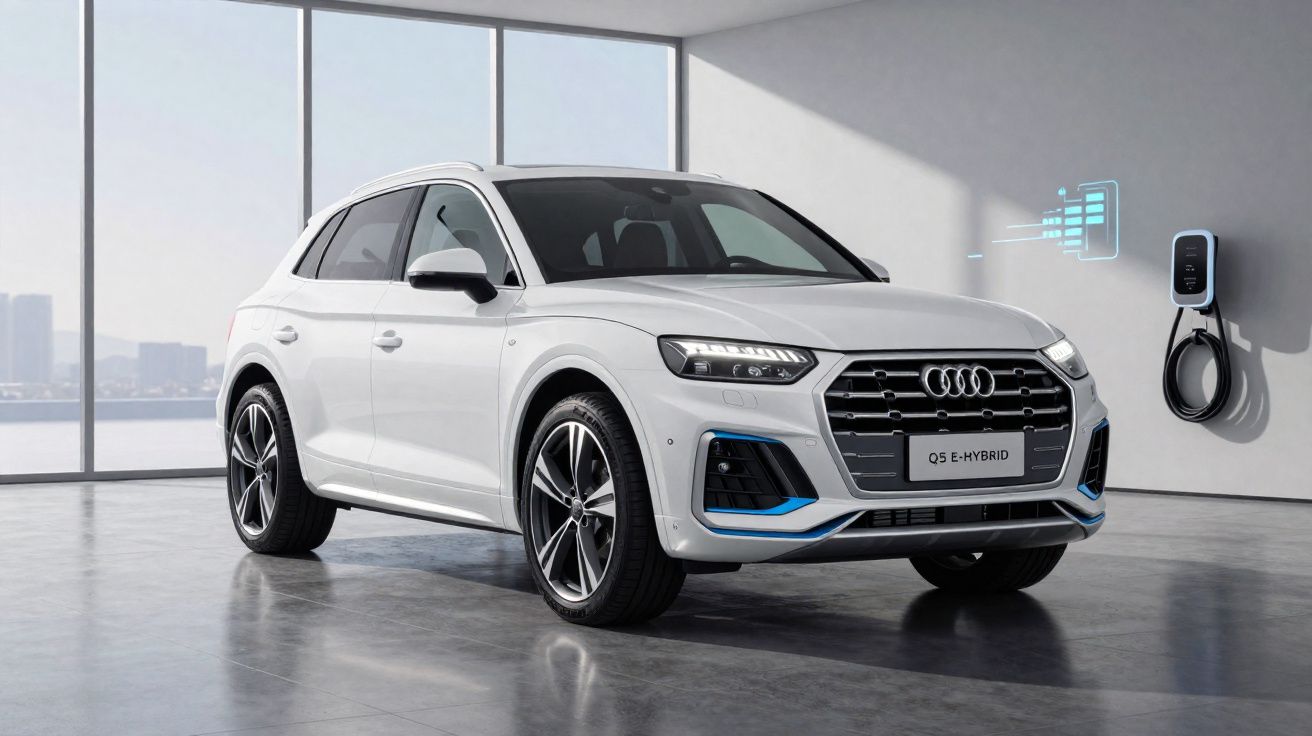Carro branco Audi Q5 e-Hybrid estacionado numa garagem moderna com carregador elétrico na parede.