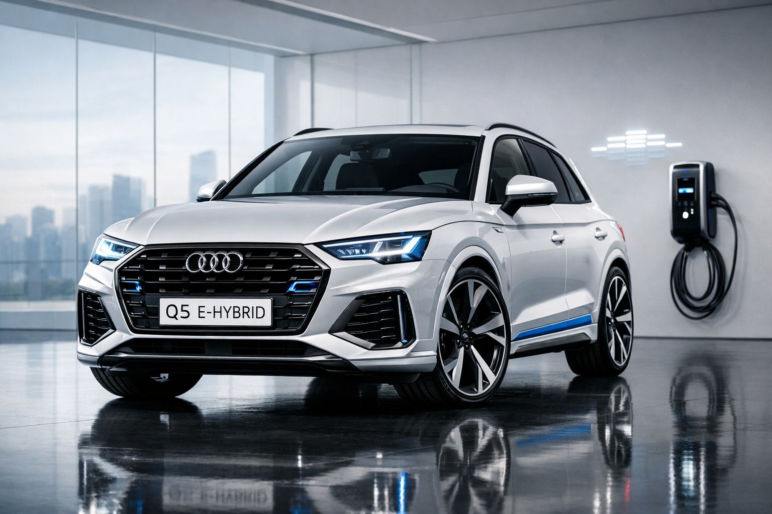 Carro Audi Q5 E-Hybrid branco estacionado numa garagem moderna com estação de carregamento elétrico.