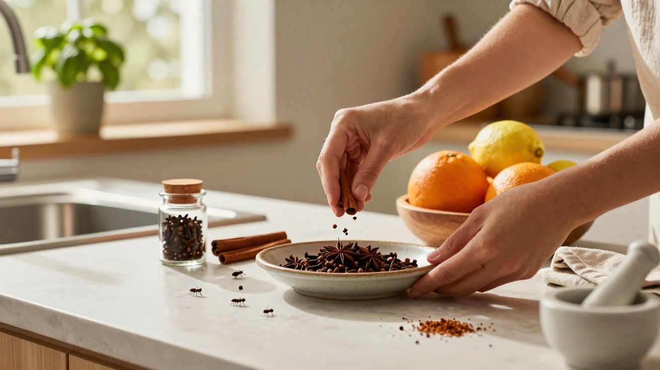 Mãos a colocar especiarias numa taça numa cozinha moderna com fruteira ao fundo e vidro com cravinho na bancada.
