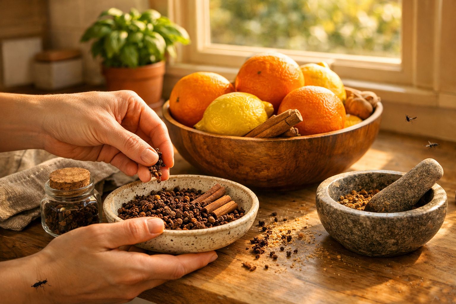 Mãos a mexer especiarias numa tigela perto de um almofariz e frutos cítricos num cesto de madeira.