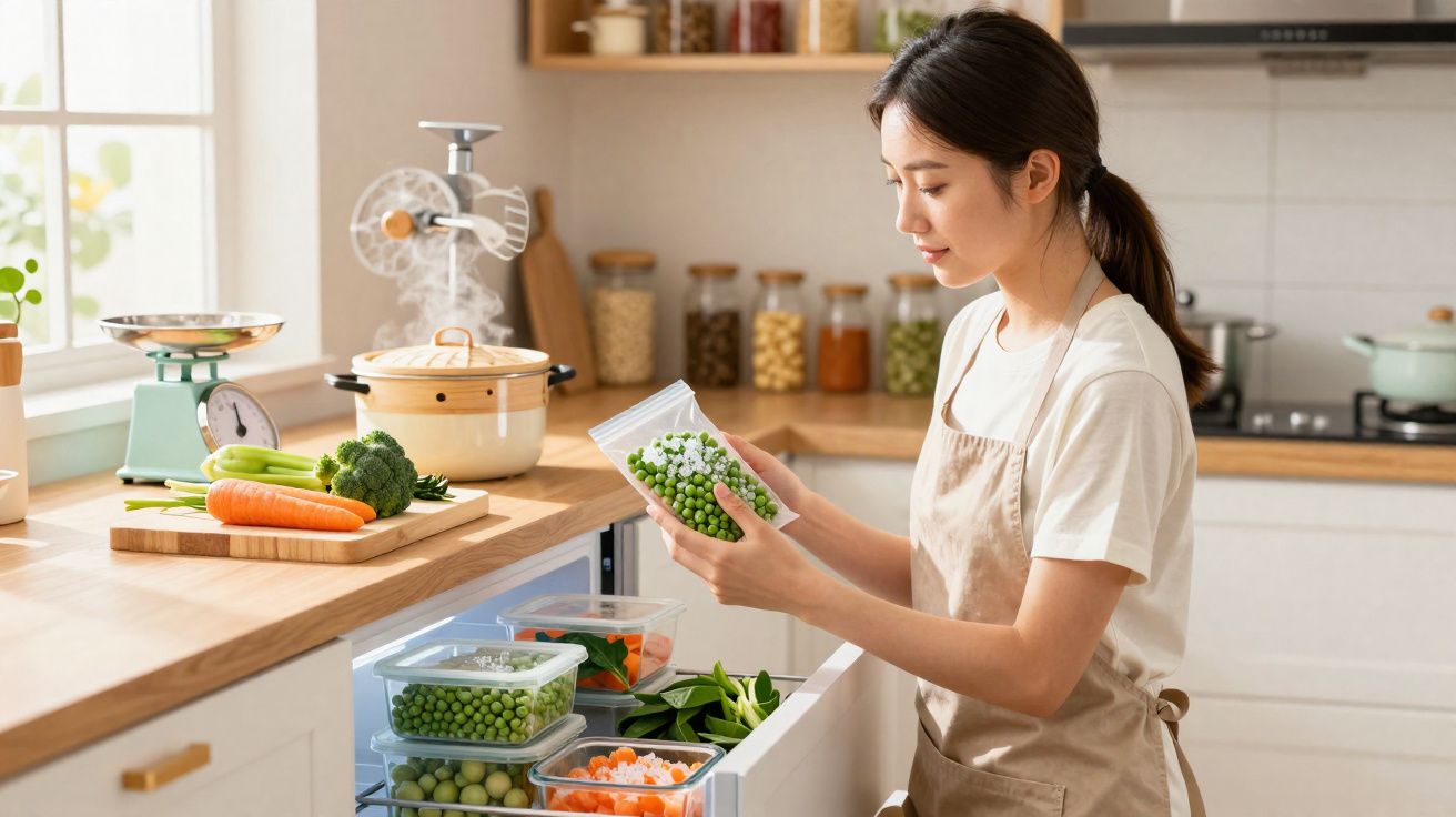 Mulher organiza legumes frescos em recipientes na cozinha moderna e bem iluminada.