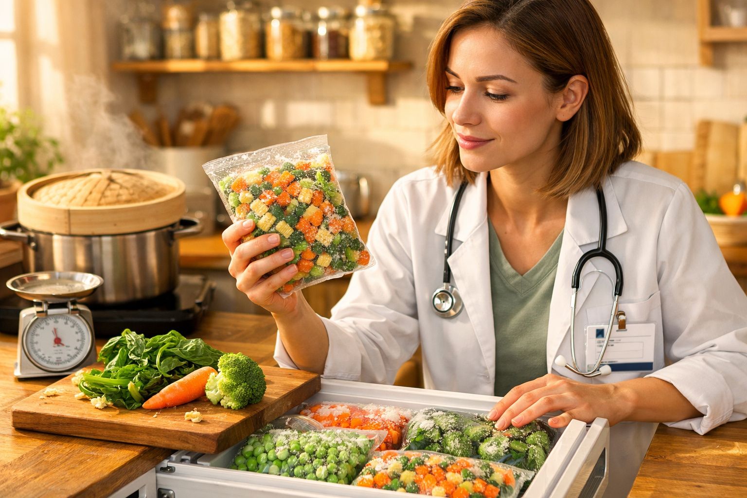 Mulher com bata branca e estetoscópio segura saco de legumes congelados numa cozinha com vegetais frescos.