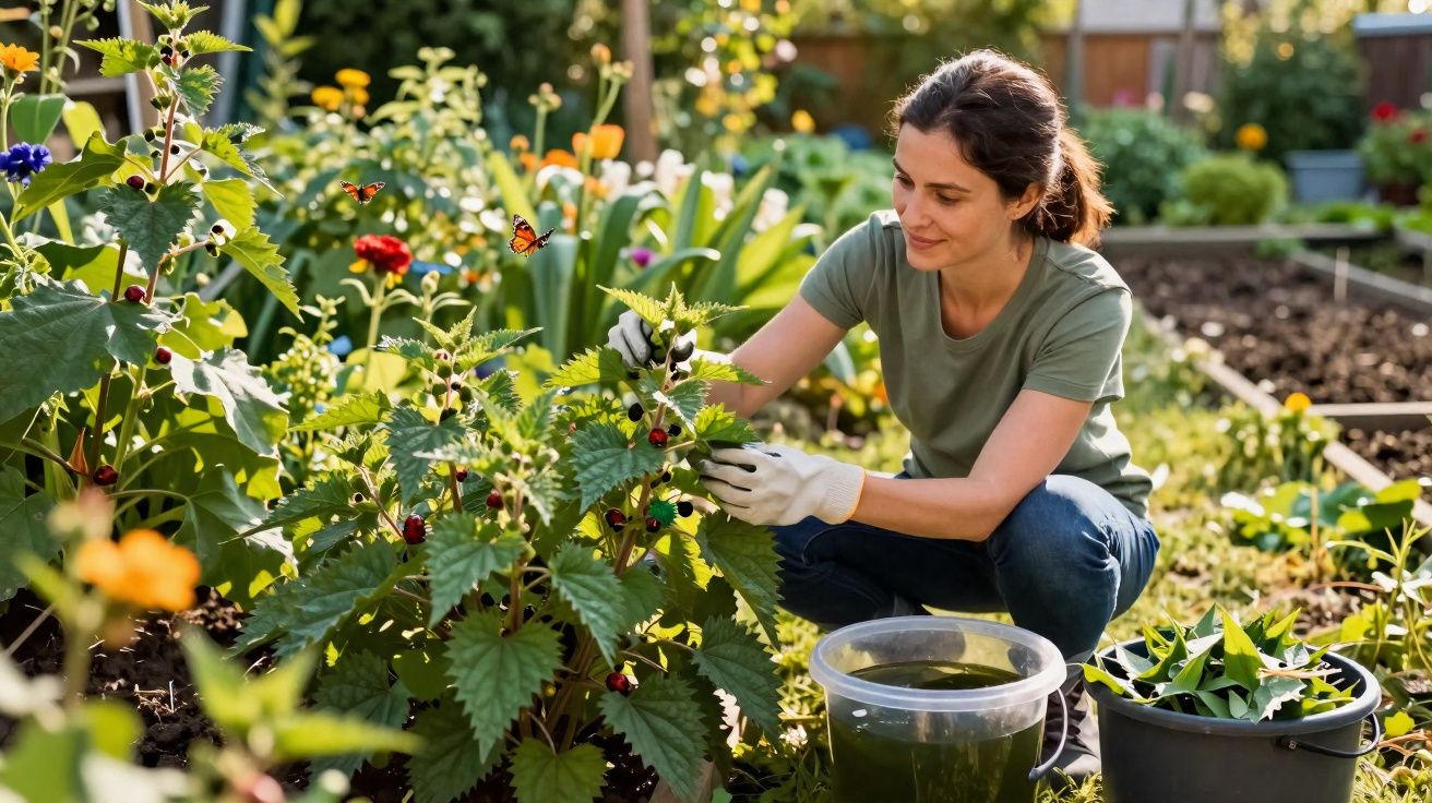 Mulher a cuidar de plantas num jardim florido com borboletas à volta ao sol.