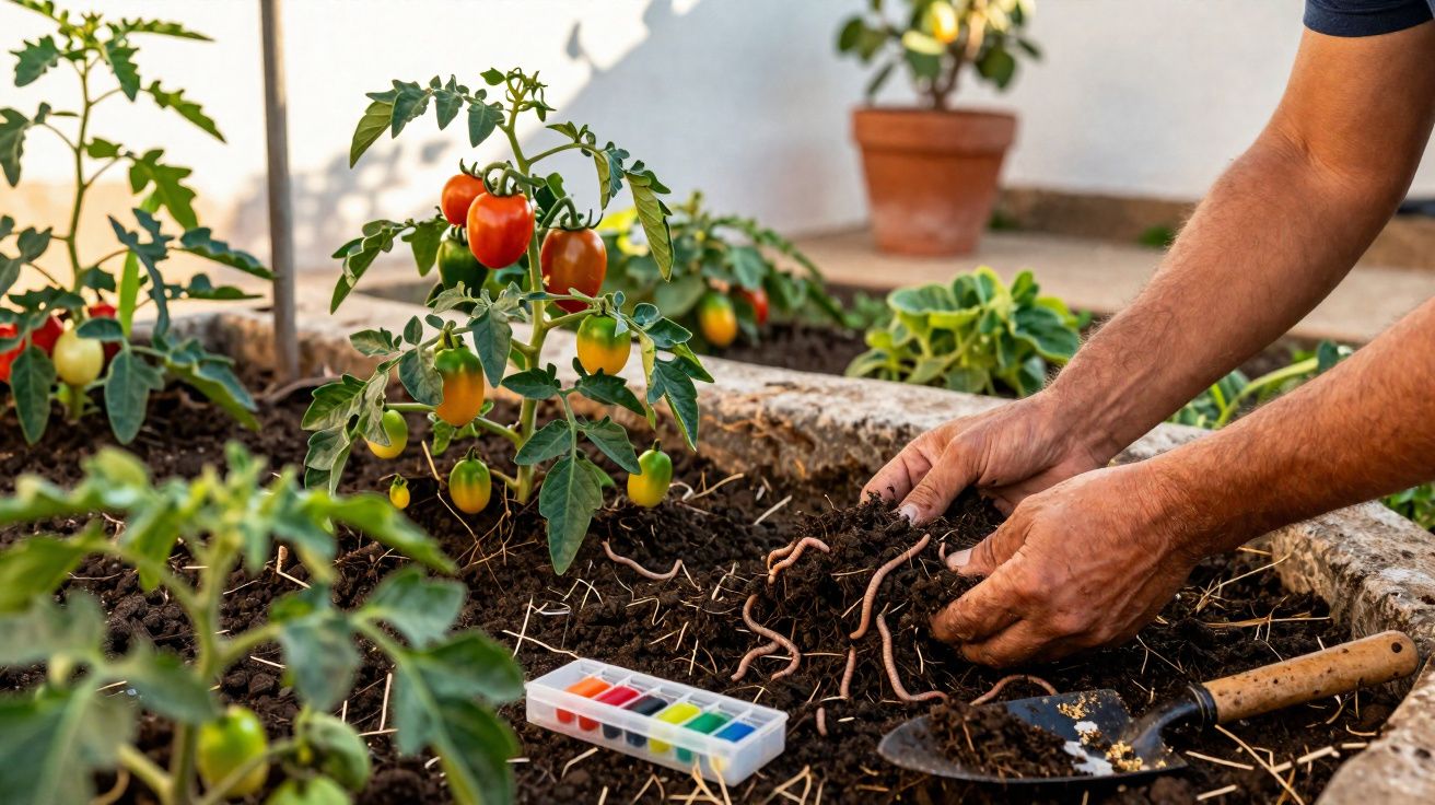 Pessoa a mexer na terra com minhocas junto de plantas de tomate num canteiro de jardim.