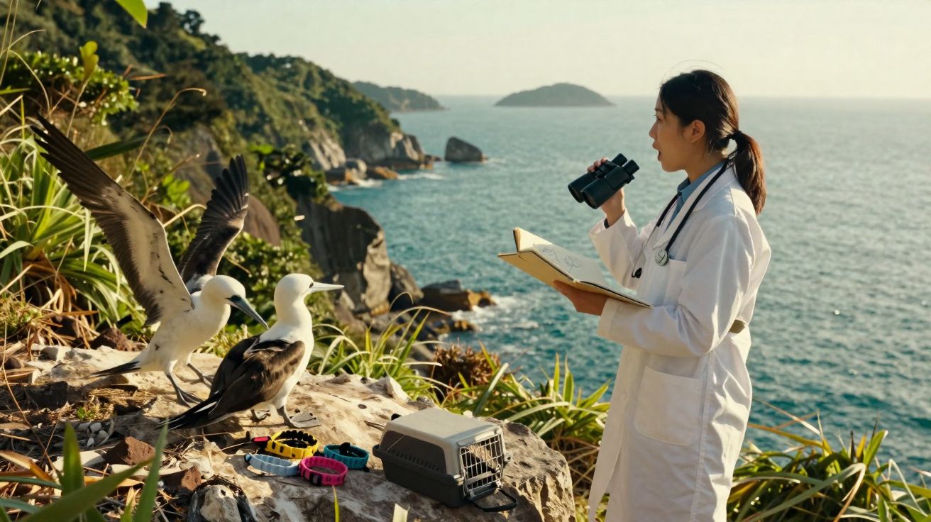 Mulher cientista observa aves marinhas numa falésia junto ao mar com binóculos e caderno.
