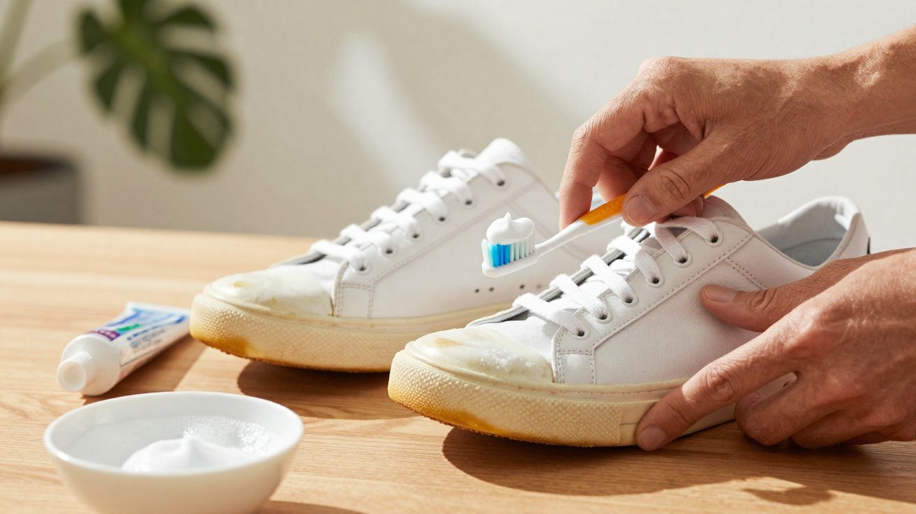 Pessoa a limpar ténis branco sujo com escova e pasta de dentes, com tigela e tubo de creme ao lado.