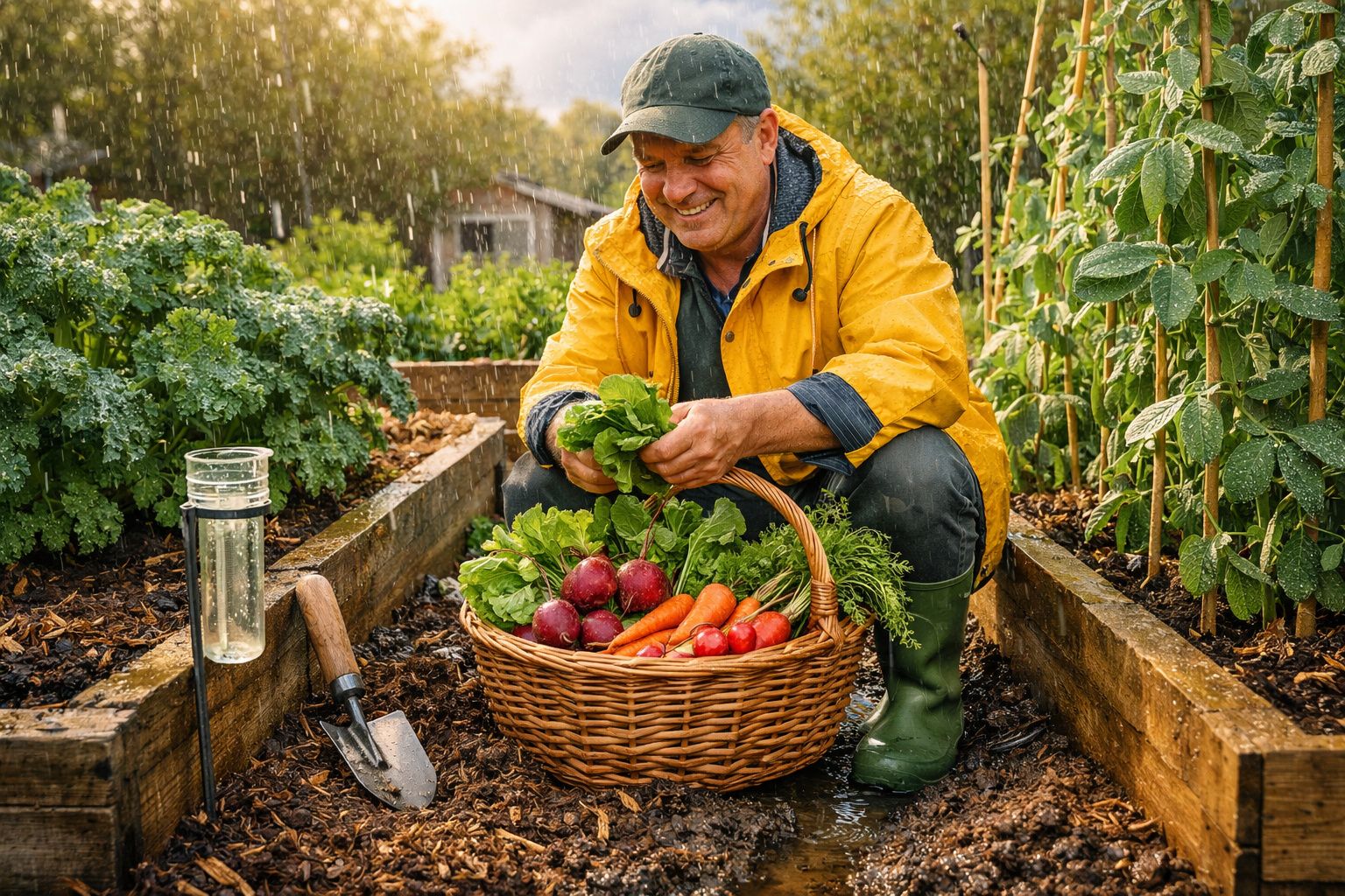 Homem sorridente veste impermeável amarelo a colher legumes frescos numa horta durante chuva leve.