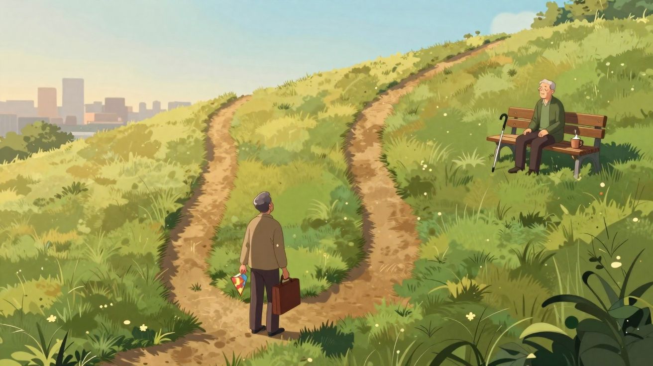Homem com mala observa caminhos bifurcados numa colina verde, enquanto idoso sentado num banco o observa.